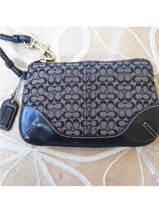 Coach Handbags - Coach Black and Khaki Signature Canvas Wristlet